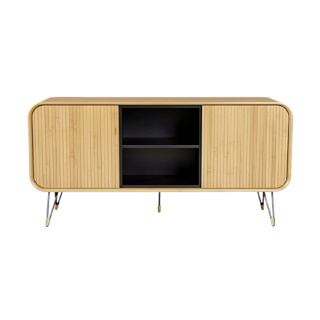 Moderne bamboe TV-meubel met zwarte accenten en stevige poten.